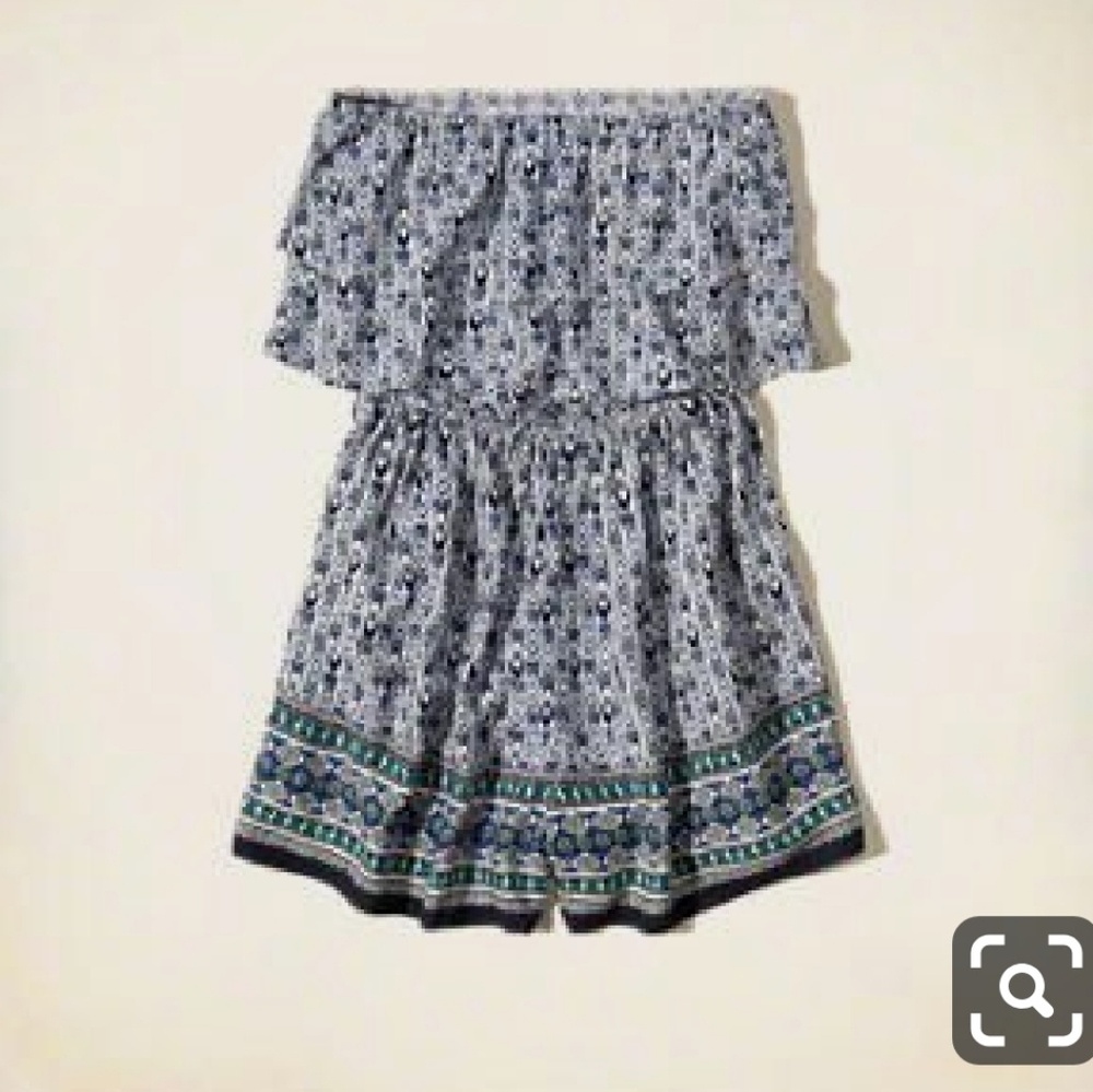 Blue and white print strapless romper